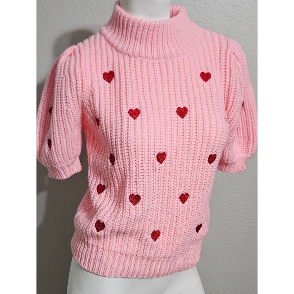 English Factory Anthropologie Red Heart Embroidered Puff Sleeve Sweater Pink XS